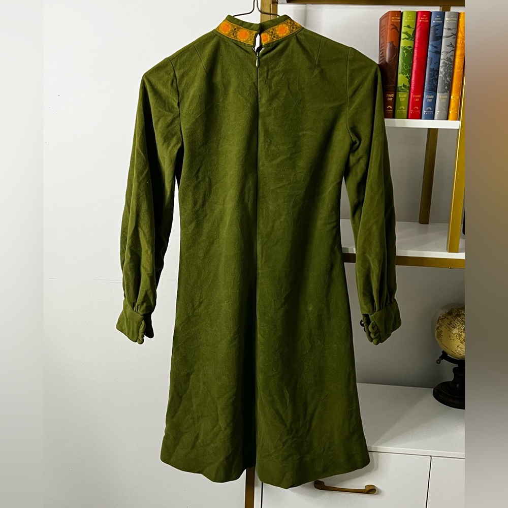 TRUE Vintage 70s Retro Handmade Shift Gogo Mini Dress - Green BOHO gem - Picture 3 of 9